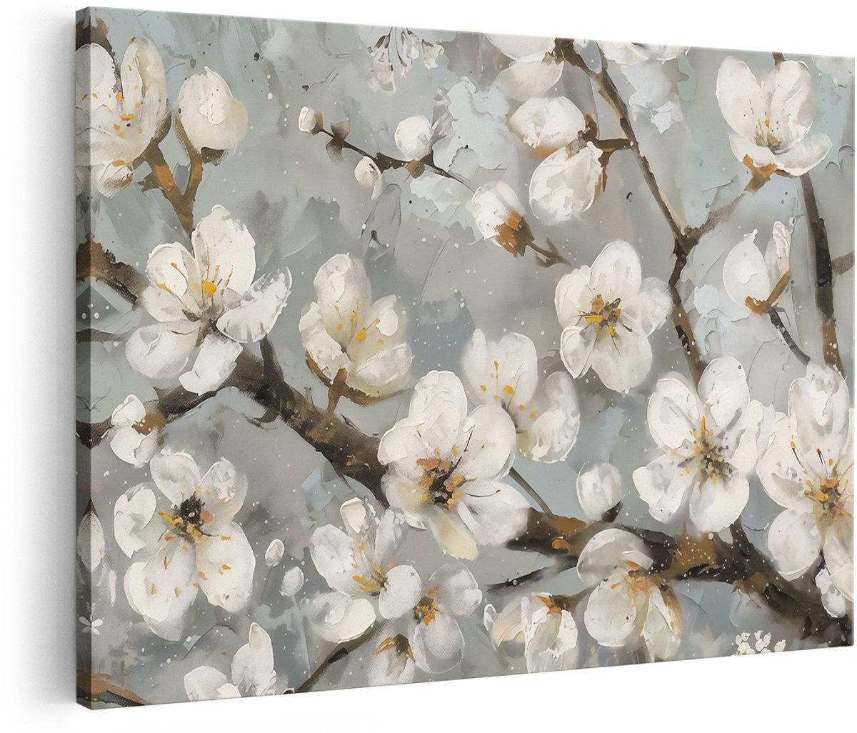 Artaza Canvas Schilderij Witte Bloesems op een Tak - Bloemen - 180x120 cm - Groot - Wanddecoratie Woonkamer - Schilderijen - Muurdecoratie