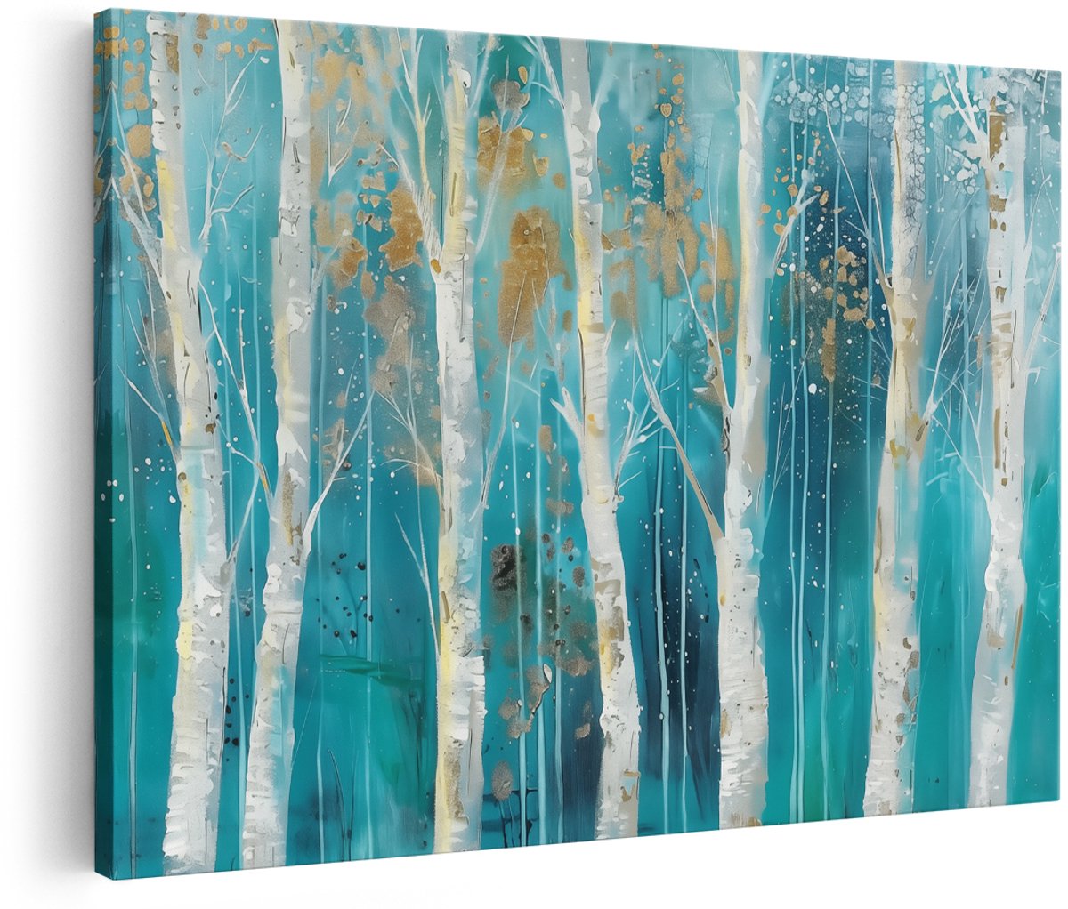 Artaza Canvas Schilderij Kunstwerk van Berkenbomen in Blauw en Goud - 180x120 cm - Groot - Wanddecoratie Woonkamer - Schilderijen - Muurdecoratie
