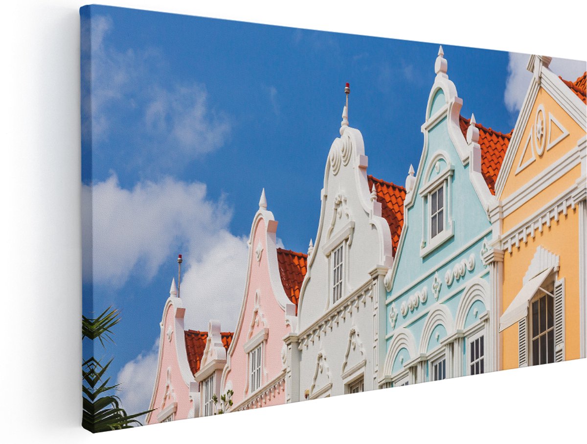 Artaza Canvas Schilderij Aruba Kleurrijke Huisjes - Nederlandse Antillen - 180x90 cm - Groot - Wanddecoratie Woonkamer - Schilderijen - Muurdecoratie