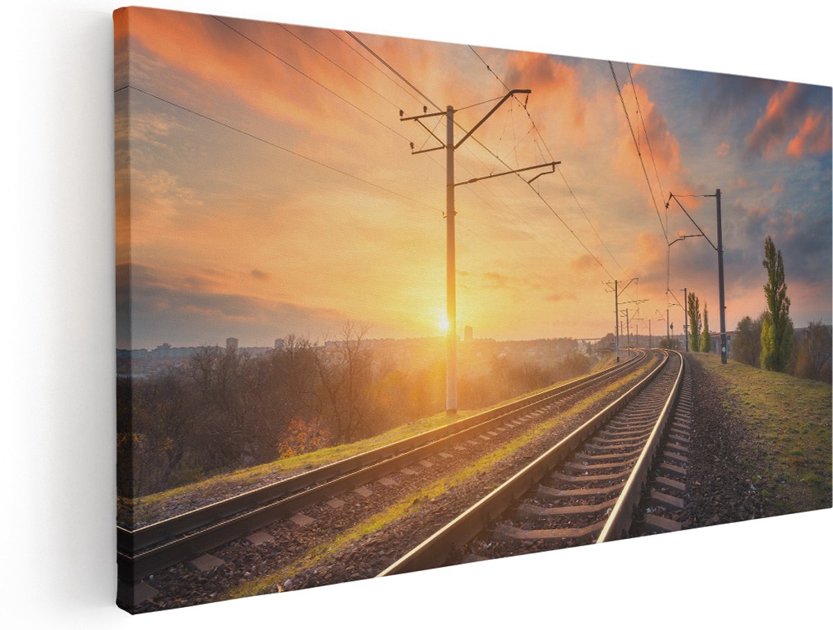 Artaza Canvas Schilderij Rails Spoorweg Bij Zonsondergang - 180x90 cm - Groot - Wanddecoratie Woonkamer - Schilderijen - Muurdecoratie