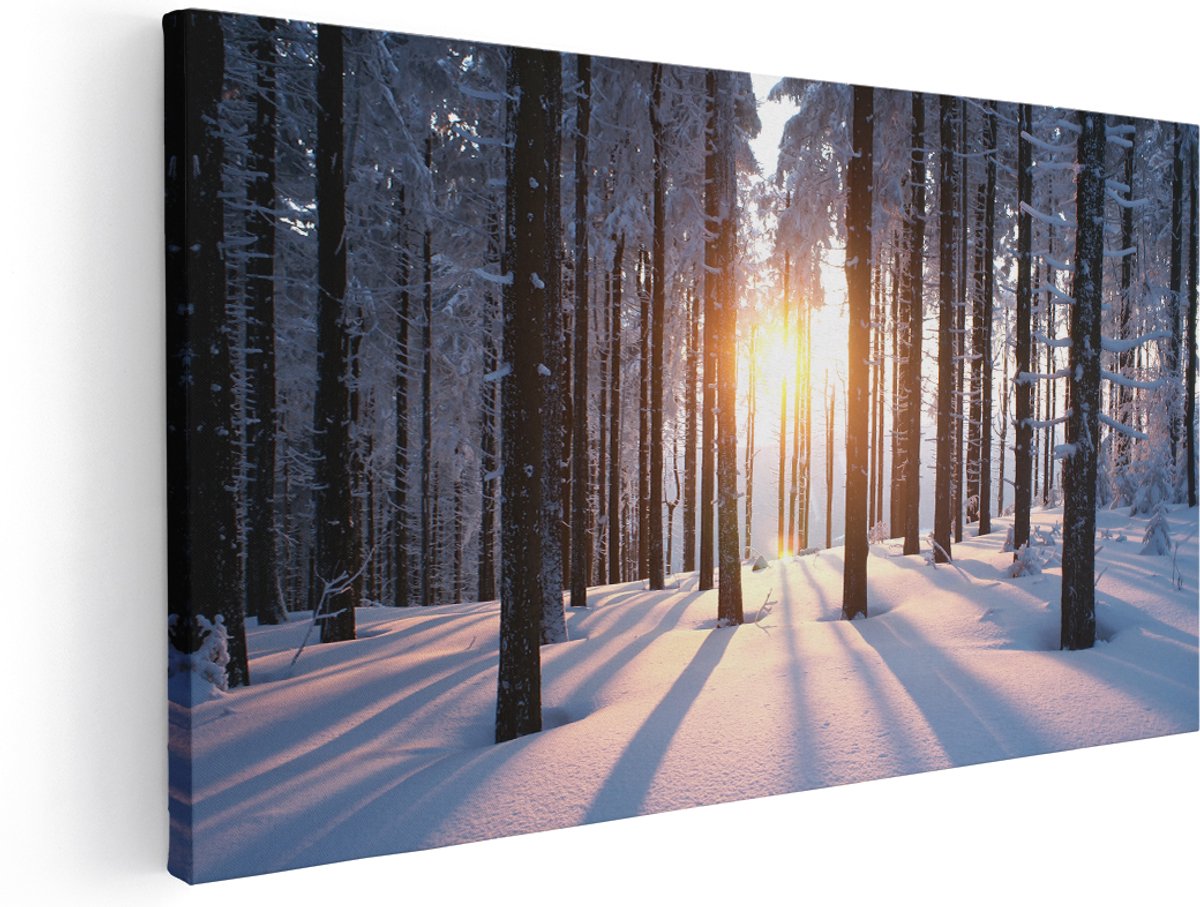 Artaza Canvas Schilderij Bos Met Sneeuw Tijdens De Zonsondergang - 180x90 cm - Groot - Wanddecoratie Woonkamer - Schilderijen - Muurdecoratie