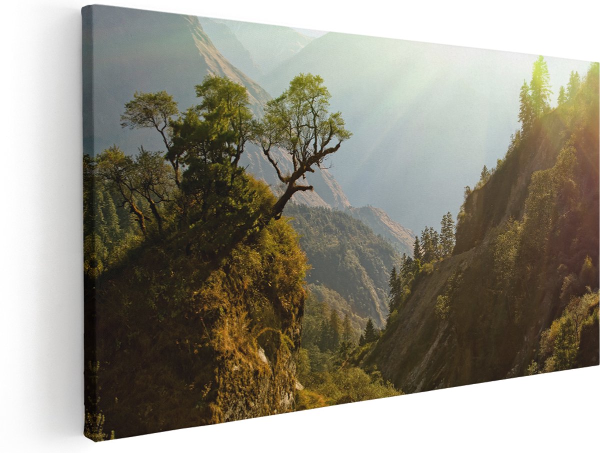 Artaza Canvas Schilderij Bos In De Bergen Met Zonneschijn - Kleur - 180x90 cm - Groot - Wanddecoratie Woonkamer - Schilderijen - Muurdecoratie
