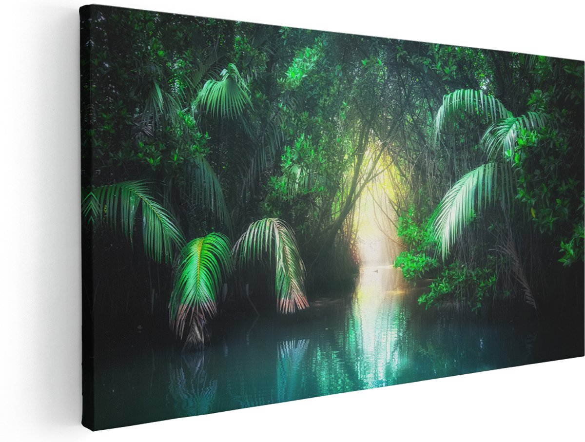 Artaza Canvas Schilderij Tropische Jungle Met Een Turquoise Meer - 180x90 cm - Groot - Wanddecoratie Woonkamer - Schilderijen - Muurdecoratie
