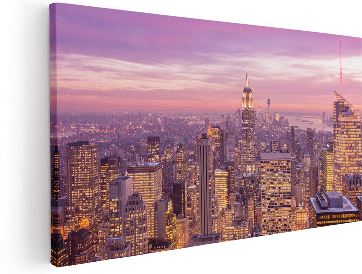 Artaza Canvas Schilderij New York Skyline Met Lichten Bij Zonsondergang - 180x90 cm - Groot - Wanddecoratie Woonkamer - Schilderijen - Muurdecoratie