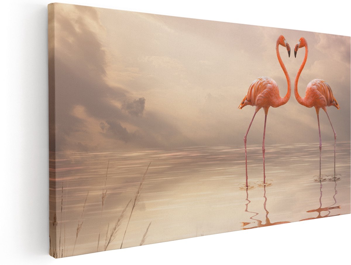Artaza Canvas Schilderij Twee Flamingo's in een Hartjes Vorm - 180x90 cm - Groot - Wanddecoratie Woonkamer - Schilderijen - Muurdecoratie