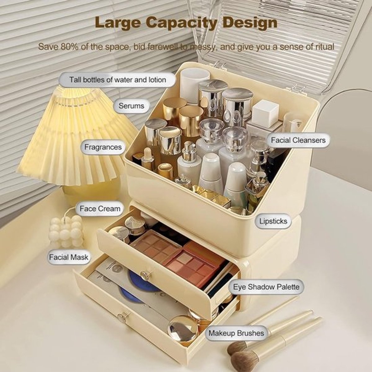 Draagbare Make-up Organizer met Stofdichte Deksel en 2 Lades | Gele Cosmetica Opbergdoos