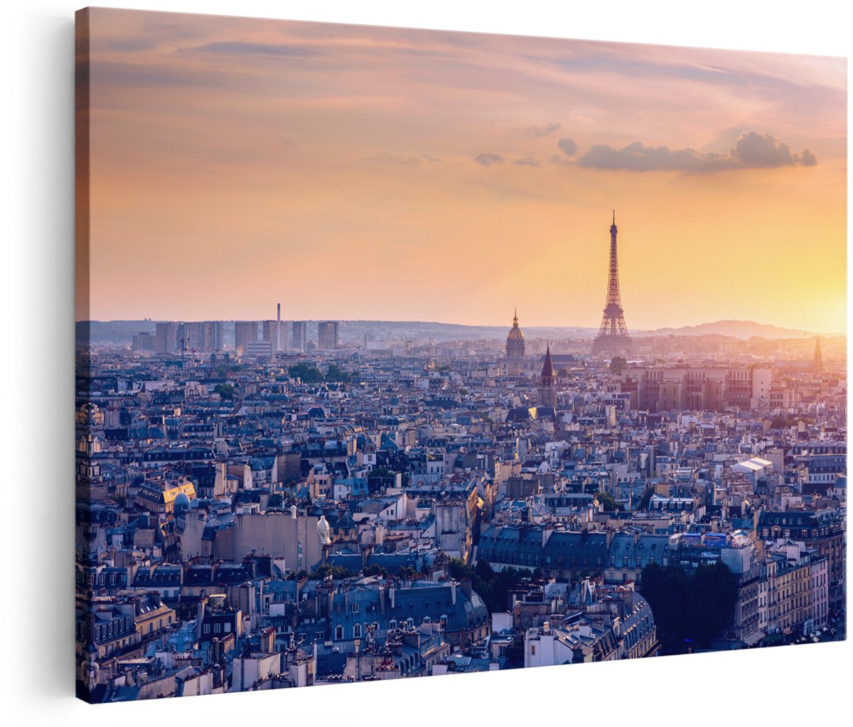 Artaza Canvas Schilderij Skyline Van Parijs Tijdens Zonsondergang - 180x120 cm - Groot - Foto Op Canvas - Wanddecoratie Woonkamer