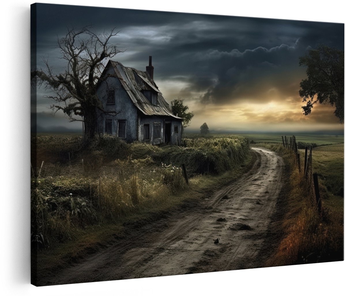 Artaza Canvas Schilderij Verlaten Boerderij - 180x120 cm - Groot - Wanddecoratie Landschap - Muurdecoratie Zonsondergang - Decoratie Natuur