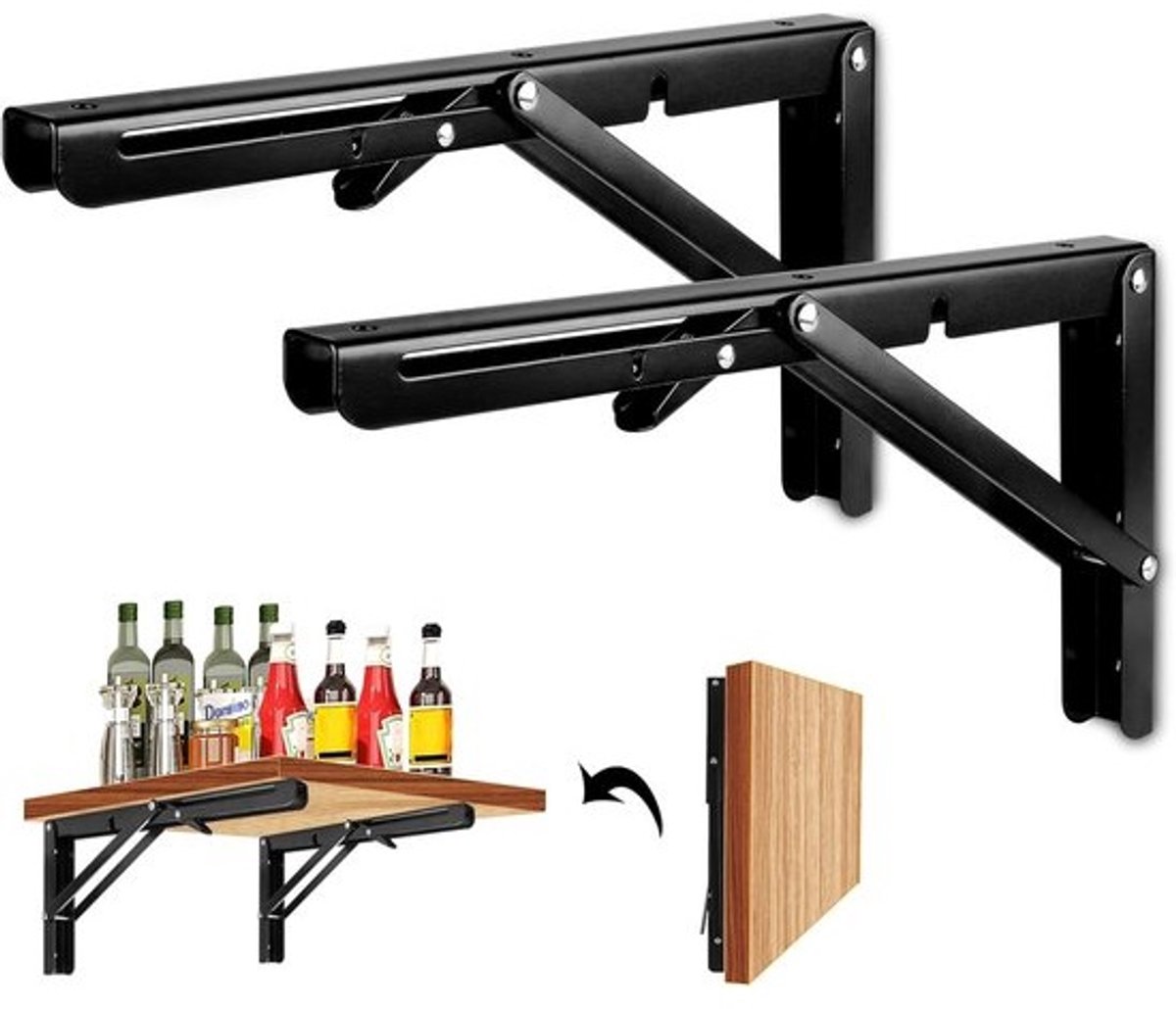 2 stuks Opvouwbare Plankdragers 300 mm - Wandconsole voor Planken en Tafels - Zwart