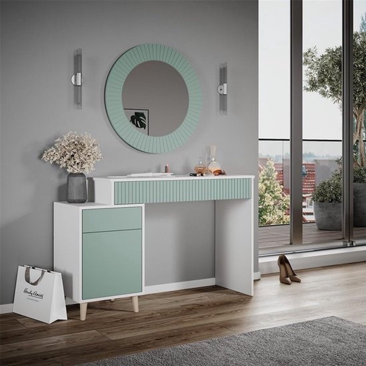Moderne Kaptafel Mintgroen en Wit met Ronde Spiegel en Opbergruimte