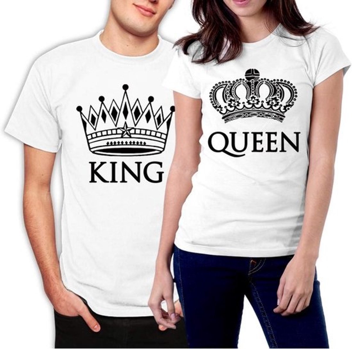 Set van 2 T-shirts voor Koppels - Koning en Koningin met Witte Kronen