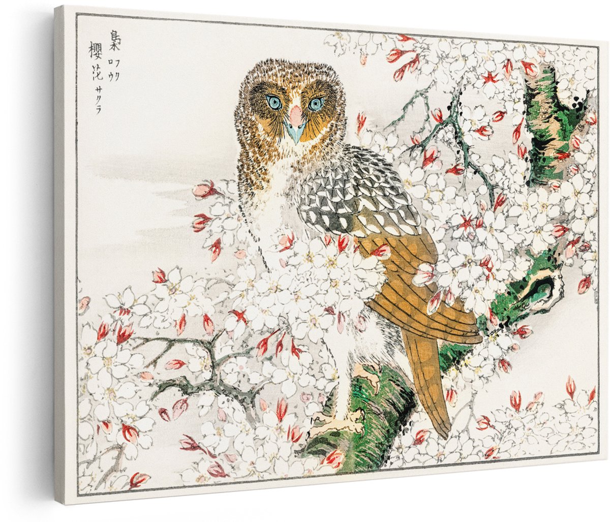 Artaza Canvas Schilderij Uil - 180x120 cm - Groot - Wanddecoratie Japandi Kersenbloesem - Muurdecoratie Vogels - Decoratie Vintage Japanse Kunst