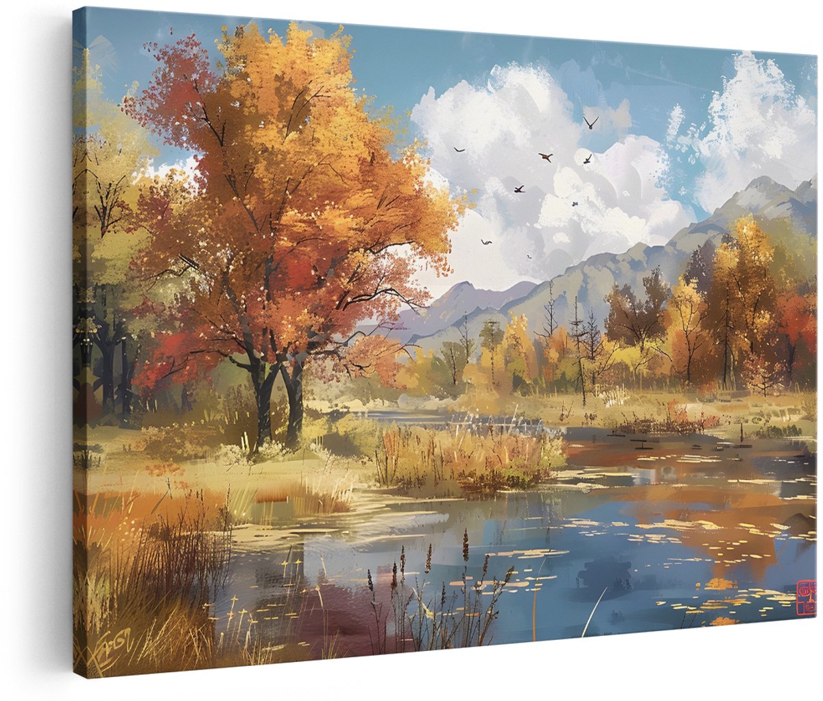 Artaza Canvas Schilderij Herfstlandschap - 180x120 cm - Groot - Wanddecoratie Bergen - Muurdecoratie Natuur - Decoratie Bos Woonkamer - Herfstkleuren