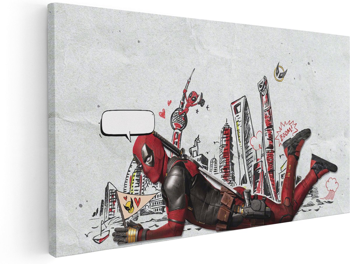 Artaza Canvas Schilderij Deadpool - 180x90 cm - Groot - Marvel Muurdecoratie Skyline - Wanddecoratie Film - Schilderijen Op Canvas - Rood