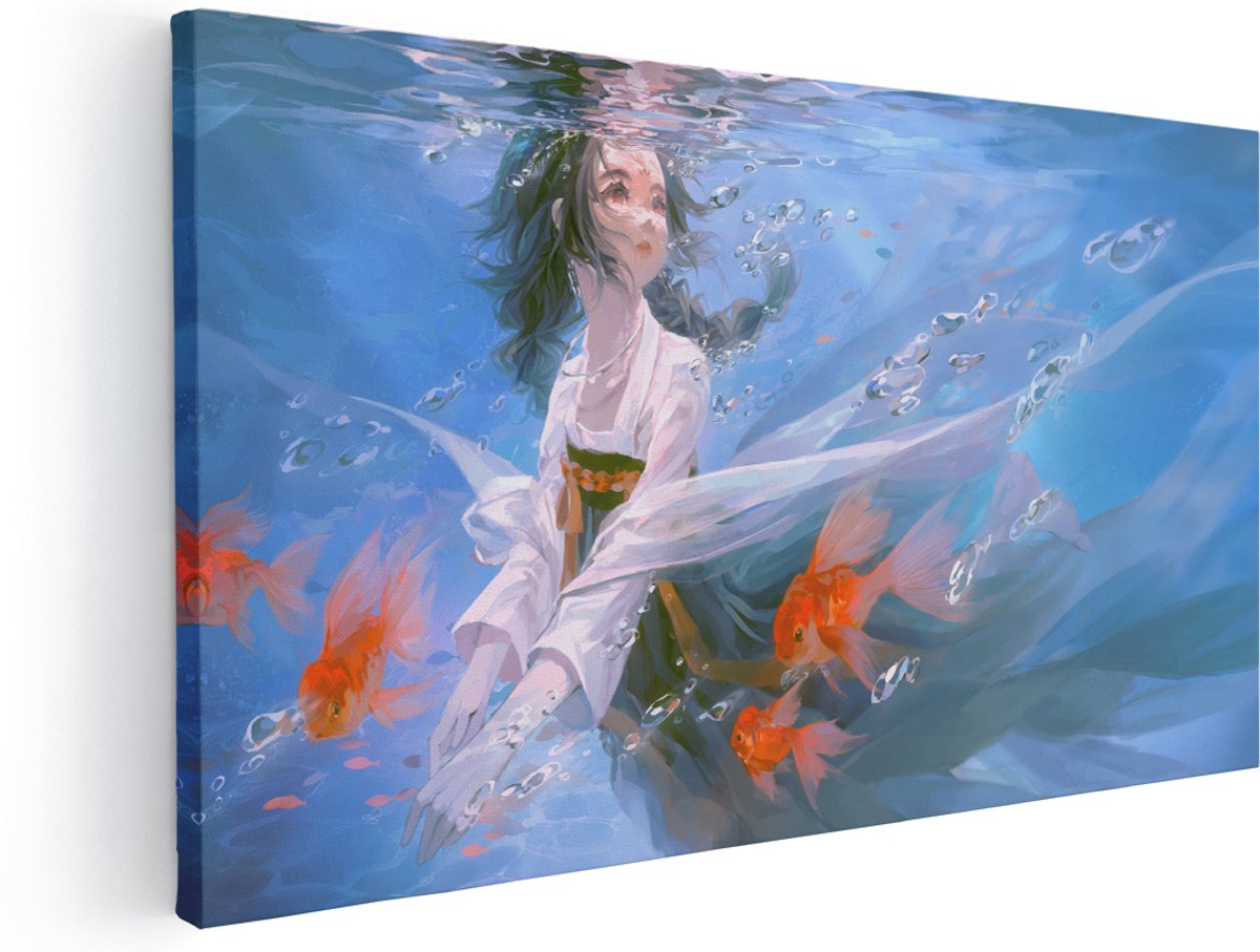 Artaza Canvas Schilderij Vrouw Onderwater - 180x90 cm - Groot - Wanddecoratie Goudvissen - Muurdecoratie Witte Kimono - Schilderijen Op Canvas