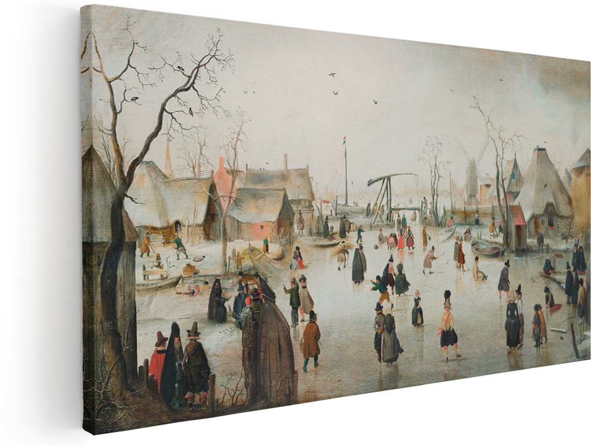 Artaza Canvas Schilderij Schaatsers Op Het Ijs - 180x90 cm - Groot - Wanddecoratie Winter - Muurdecoratie Oude Meesters - Hendrick Avercamp