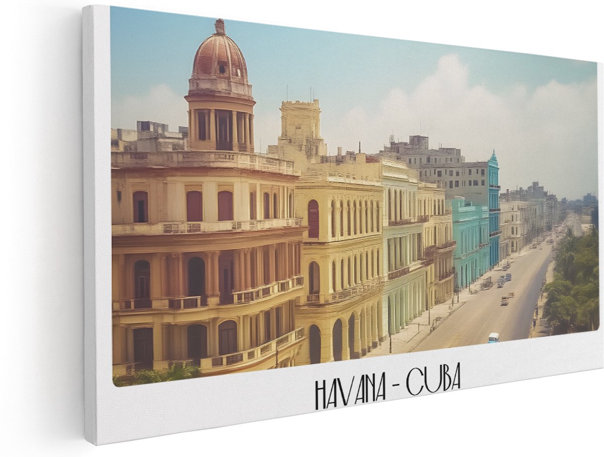 Artaza Canvas Schilderij Stad Havana - 180x90 cm - Groot - Wanddecoratie Retro - Muurdecoratie Cuba - Schilderijen Op Canvas Pastelkleuren
