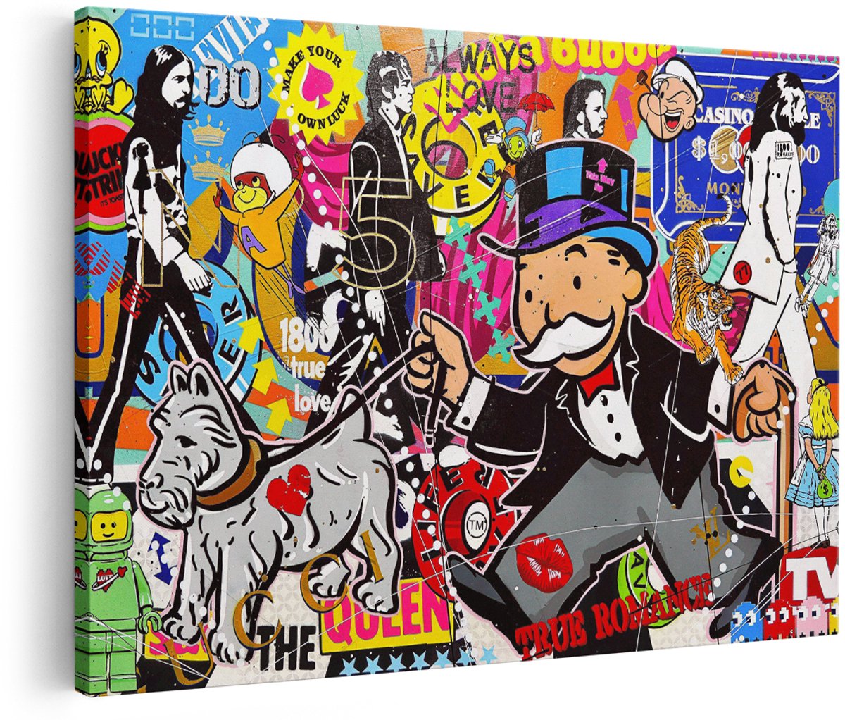 Artaza Canvas Schilderij Mr Monopoly - 180x120 cm - Groot - Wanddecoratie Popart - Muurdecoratie Collage - Decoratie Graffiti Kleurrijk