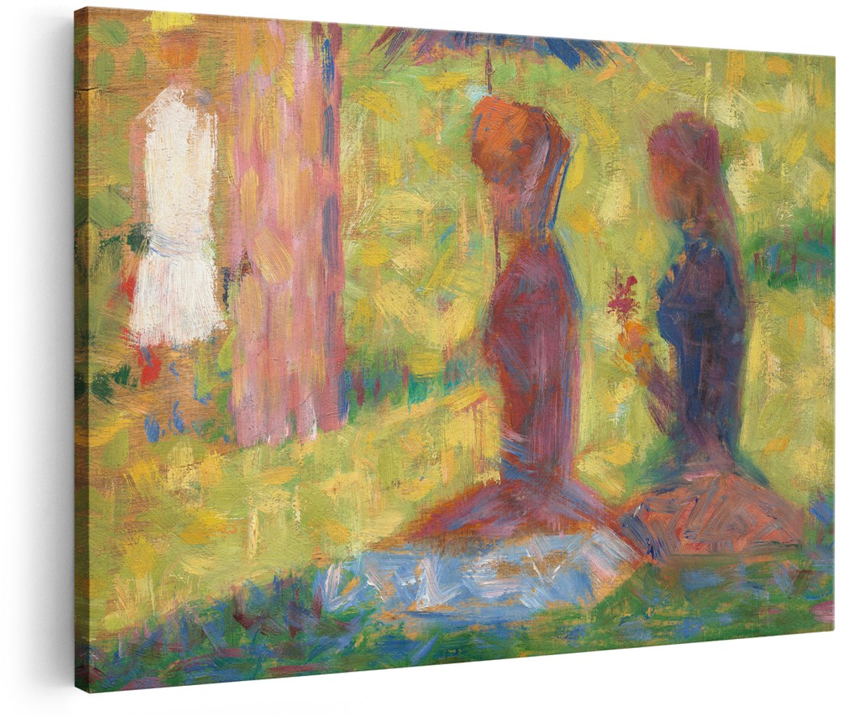 Artaza Canvas Schilderij Vrouw Met Parasol - 180x120 cm - Groot - Wanddecoratie Seurat - Muurdecoratie Impressionisme - Klassieke Schilderijen Park