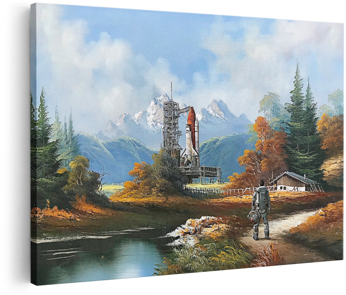 Artaza Canvas Schilderij Landschap - 180x120 cm - Groot - Wanddecoratie Astronaut - Muurdecoratie Bergen - Schilderijen Natuur Herfst