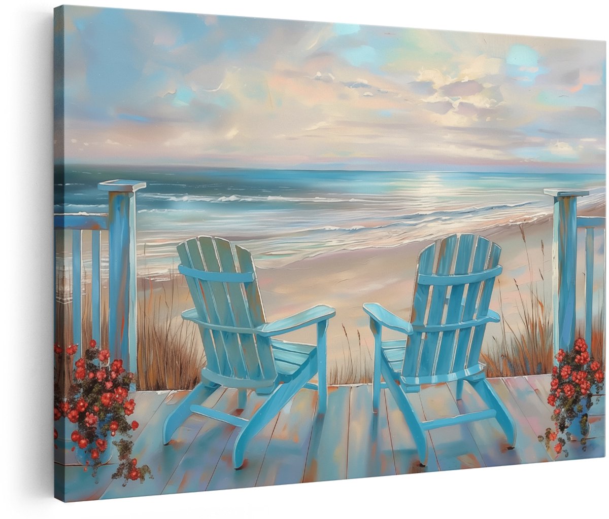 Artaza Canvas Schilderij Twee Adirondack Stoelen met Uitzicht op de Oceaan - 180x120 cm - Groot - Wanddecoratie Woonkamer - Schilderijen - Muurdecoratie