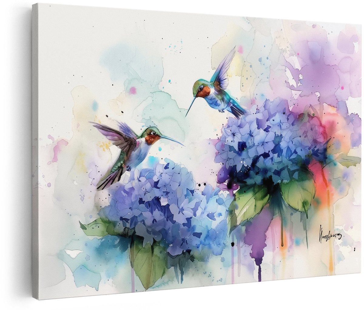 Artaza Canvas Schilderij Twee Kolibries op Paarse Bloemen - Dieren - 180x120 cm - Groot - Wanddecoratie Woonkamer - Schilderijen - Muurdecoratie