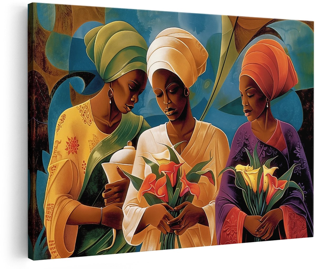 Artaza Canvas Schilderij Drie Vrouwen met Tulbanden en Bloemen - Bloemen - 180x120 cm - Groot - Wanddecoratie Woonkamer - Schilderijen - Muurdecoratie