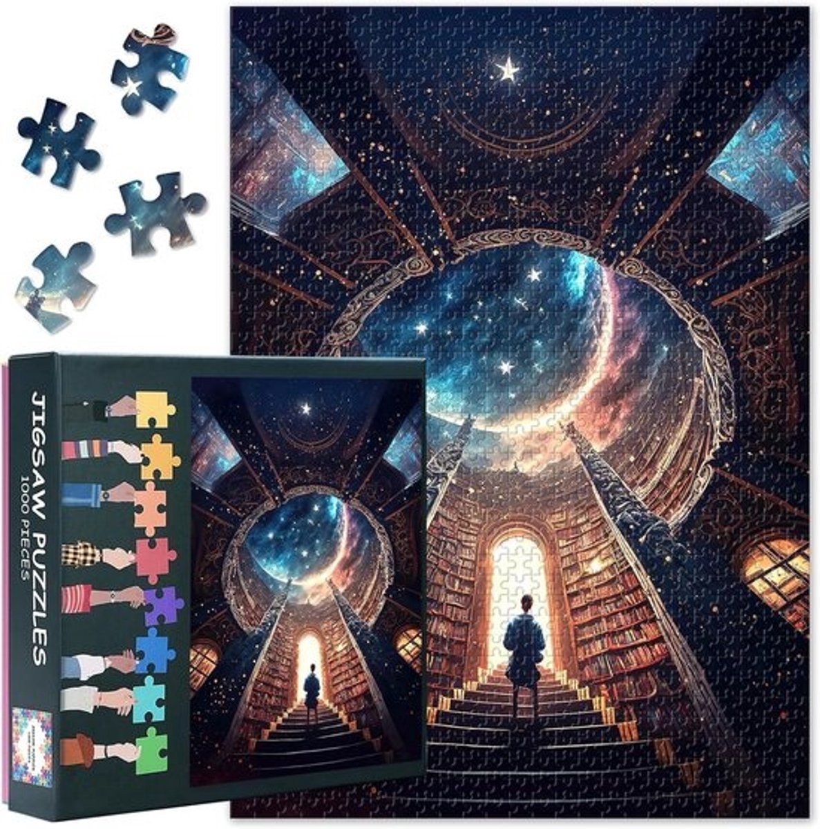 Puzzel 1000 Stukjes Magische Bibliotheek - Zwevende Boekenplanken & Architectuur, Groot Formaat 50x70 cm, Uitdagende Fantasie Legpuzzel voor Volwassenen