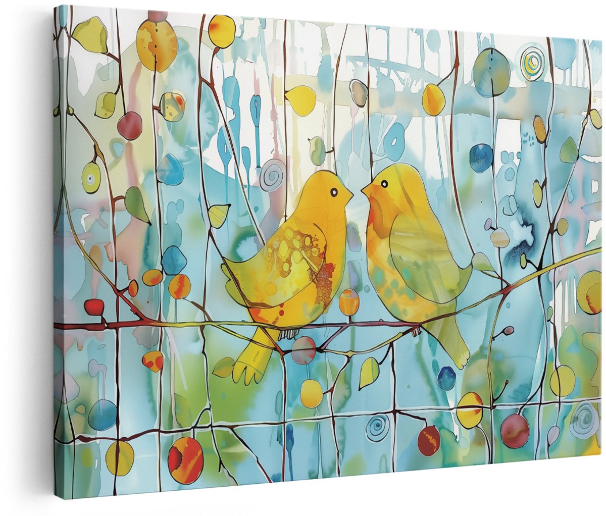 Artaza Canvas Schilderij Twee Gele Vogels op een Tak - Dieren - 180x120 cm - Groot - Wanddecoratie Woonkamer - Schilderijen - Muurdecoratie