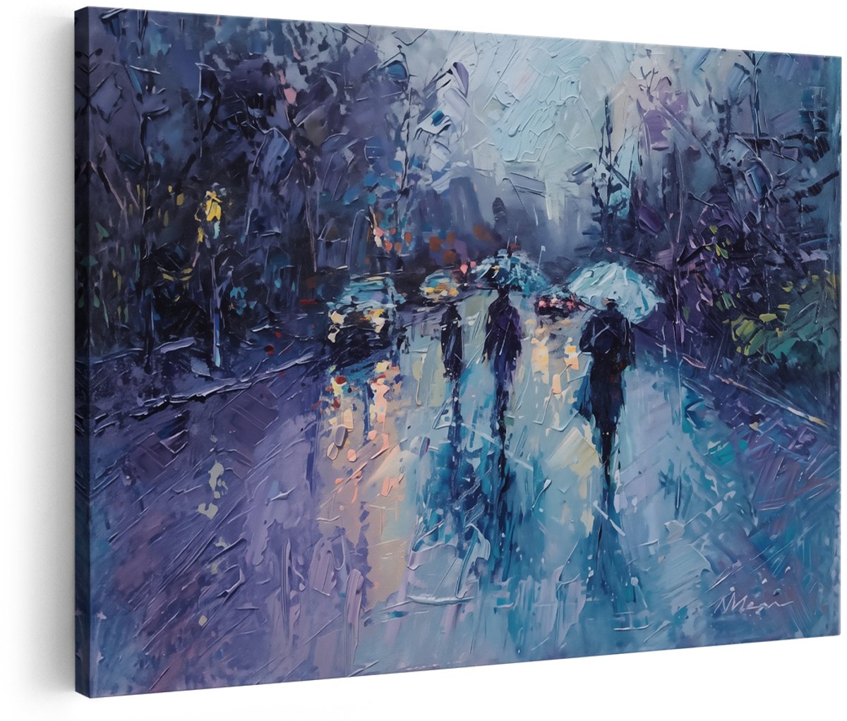 Artaza Canvas Schilderij Mensen met Paraplu’s in de Regen - 180x120 cm - Groot - Wanddecoratie Woonkamer - Schilderijen - Muurdecoratie