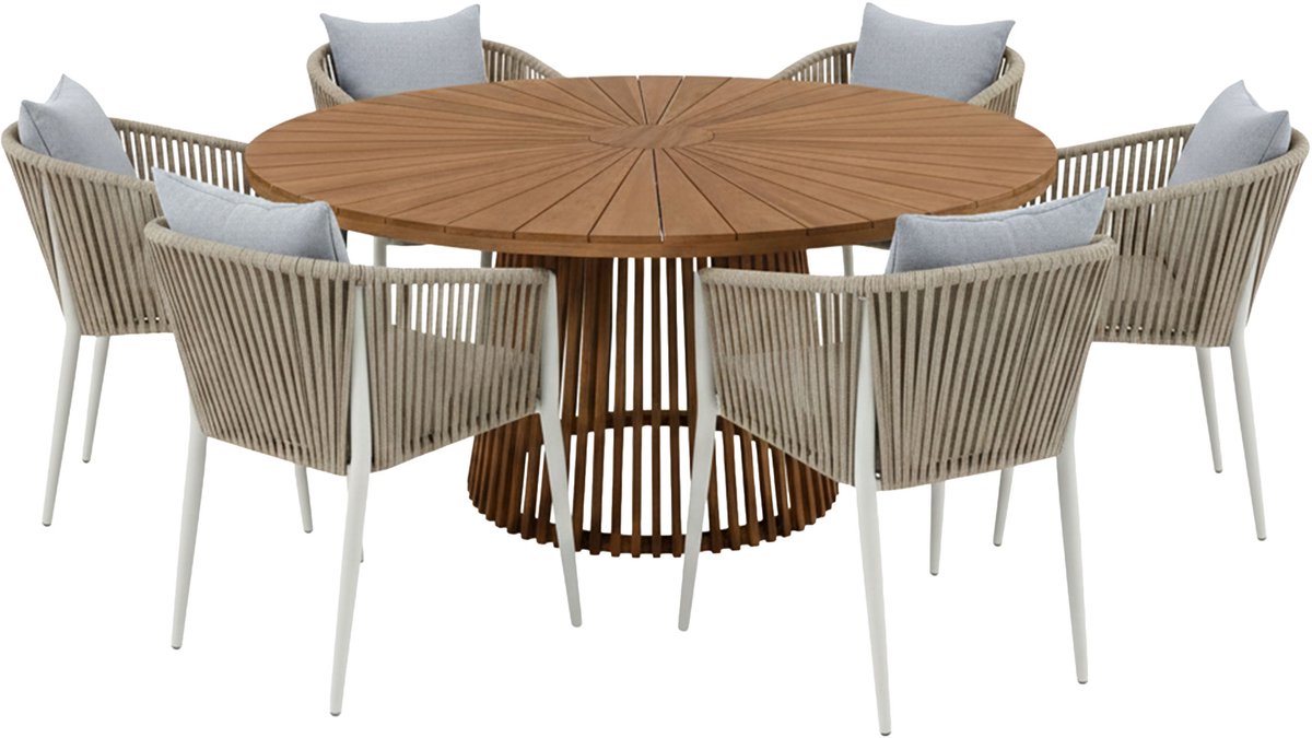 AXI Hani/Faye 150 cm Dining Tuinset 7-delig Teak/Beige – Massief Teakhout – Tuinset 6 Personen – Ronde Tuintafel 150 cm – 6 Aluminium Tuinstoelen – Luxe Tuinmeubelen Set