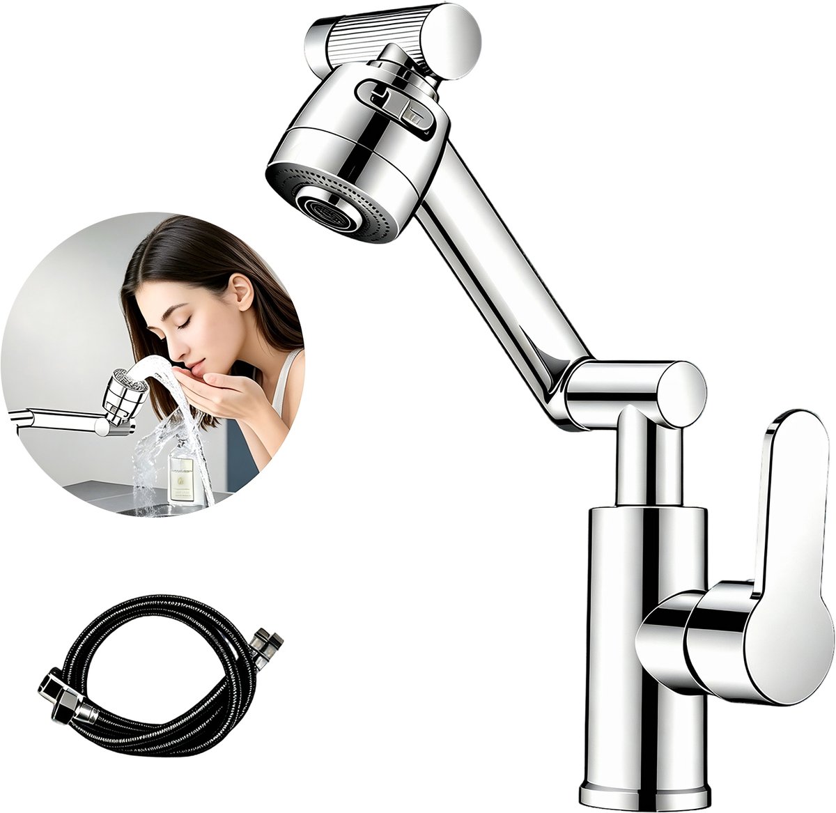 Kraan verlengstuk 360° draaibaar – waterbesparend, universeel, zilver,Verstelbare kraankop met 2 standen – voor keuken, badkamer en douche – eenvoudig te monteren