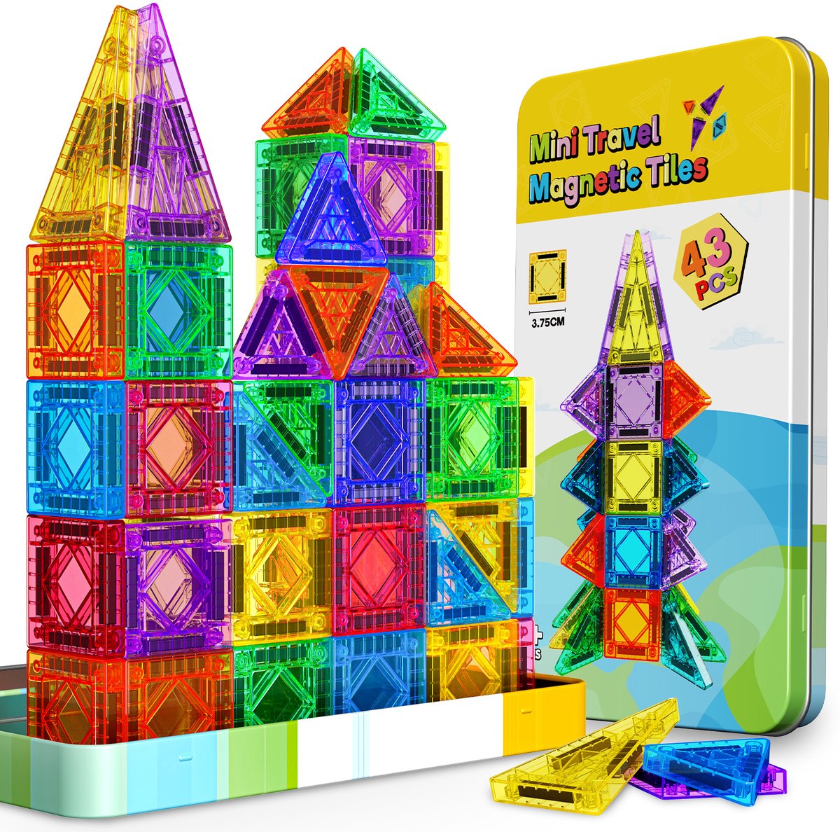 Wootoy Magnetic Tiles Mini 43 Stuks Reisset - STEM Montessori Speelgoed - Magnetische Tegels - Educatief Kinderspeelgoed vanaf 3 4 5 6 7 8 jaarJongen Meisje Cadeau