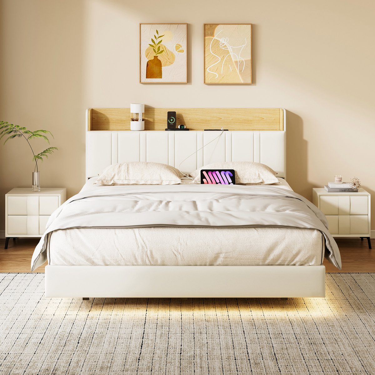 Tweepersoonsbed 140x190 met LED- en USB-aansluiting, lattenbodem, zwevend frame met lattenbodem en opbergruimte in het hoofdeinde, 2-persoonsbed voor volwassenen en tieners (PU Wit)