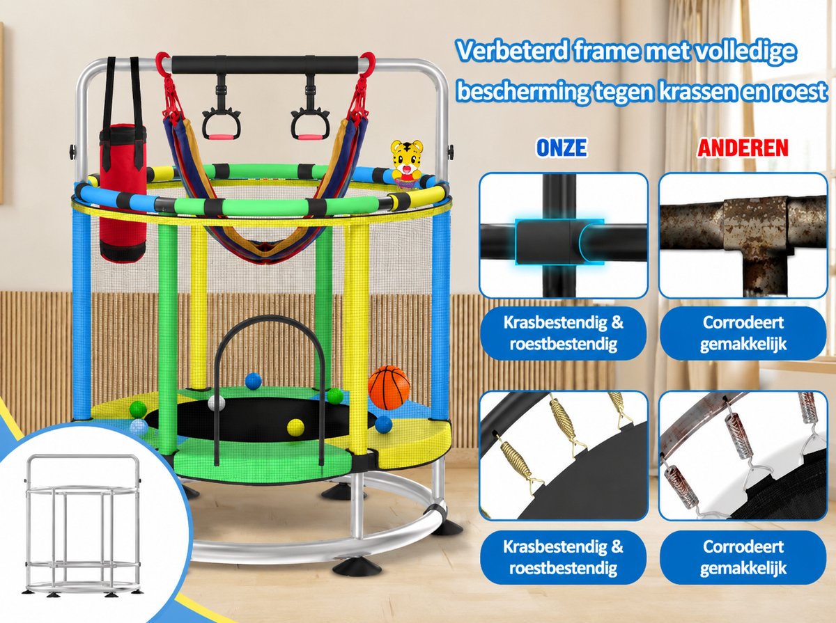Trampoline Ø150 cm – Multifunctionele Kinder Trampoline met Basketbalring- Ringen en Hangmat – Stalen Frame – Meerkleurig — afbeelding 6