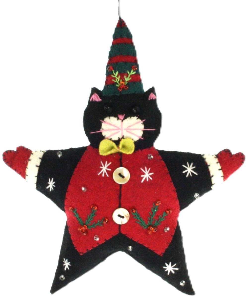 Ster Kat met kerstmuts, vilt 15x3x18cm