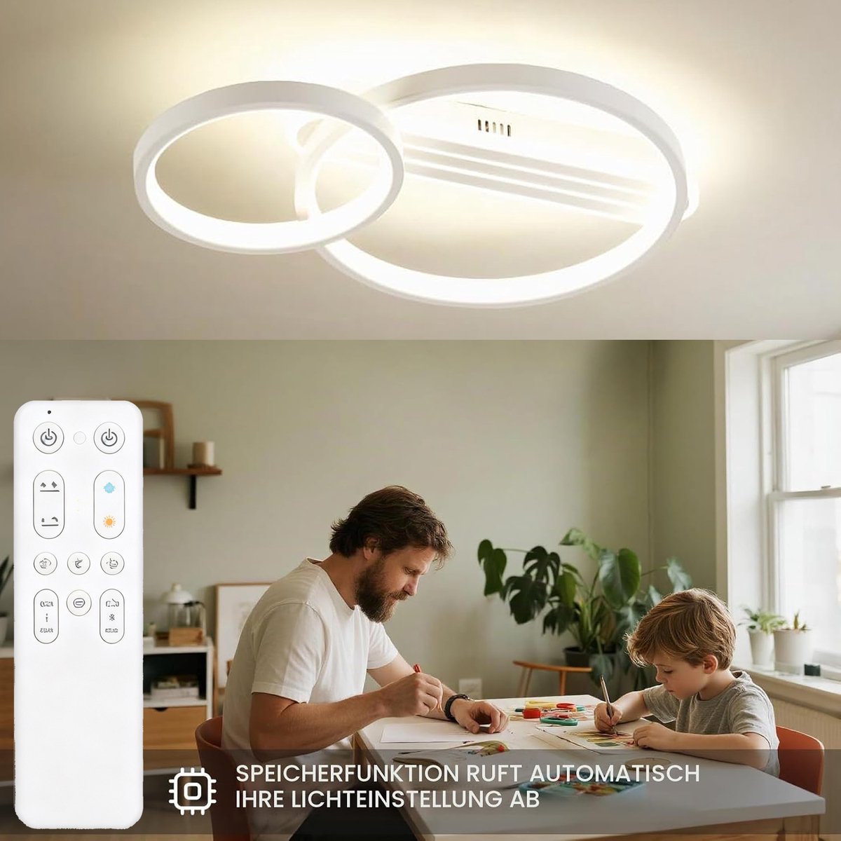 Amdelne LED Plafondlamp Wit ‑Roterend Dubbel Ringen ‑ 36W ‑ 3600LM ‑ 3000K‑6500K ‑ Dimbaar Met Afstandsbediening ‑ Plafonniere Voor Woonkamer | Eetkamer | Slaapkamer