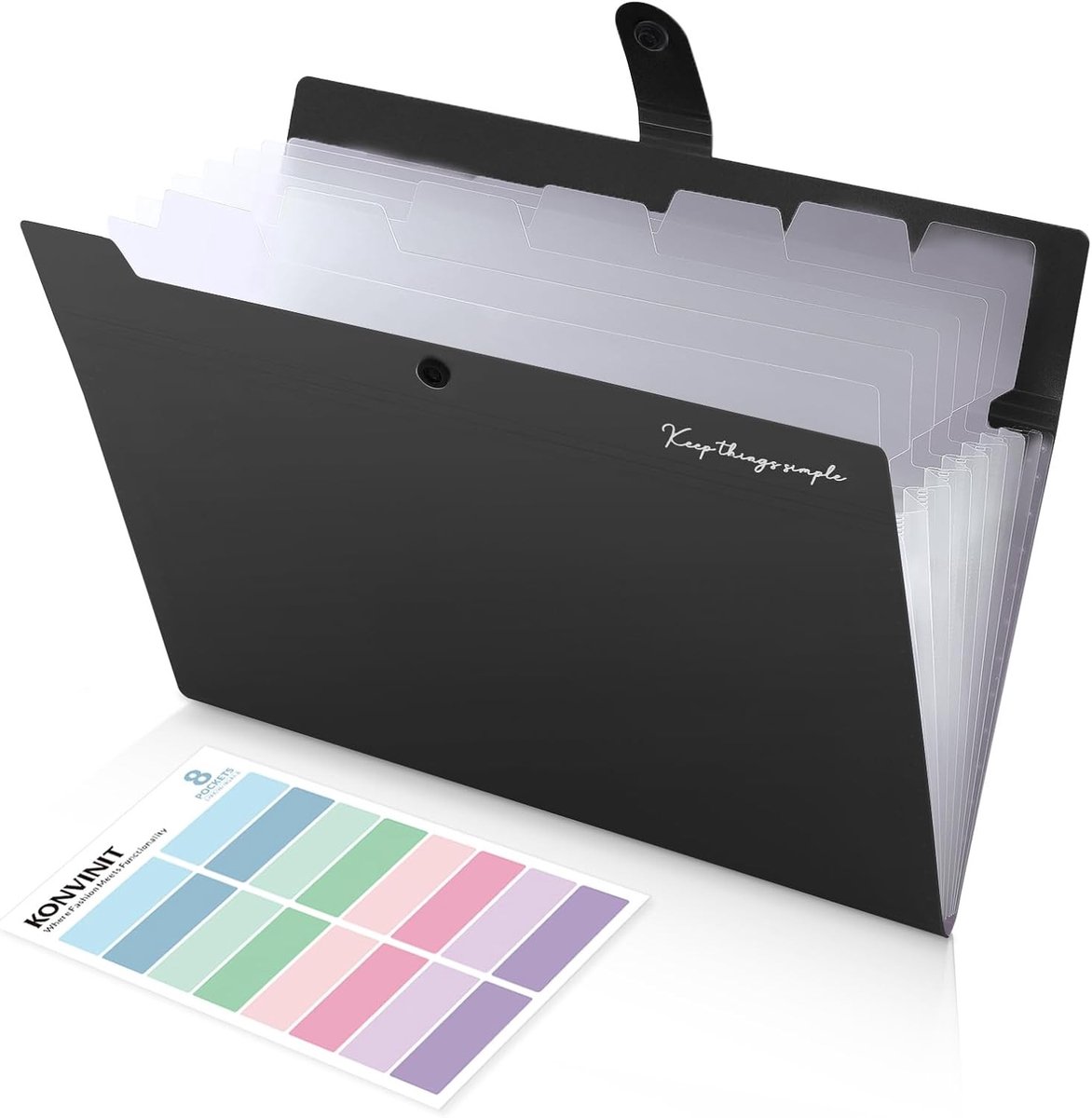 File Organizer met 8 Compartimenten - A4 Uitbreidbare Documentfolder, Scheurvast en Hoge Capaciteit, Ideaal voor School en Kantoor, Zwart