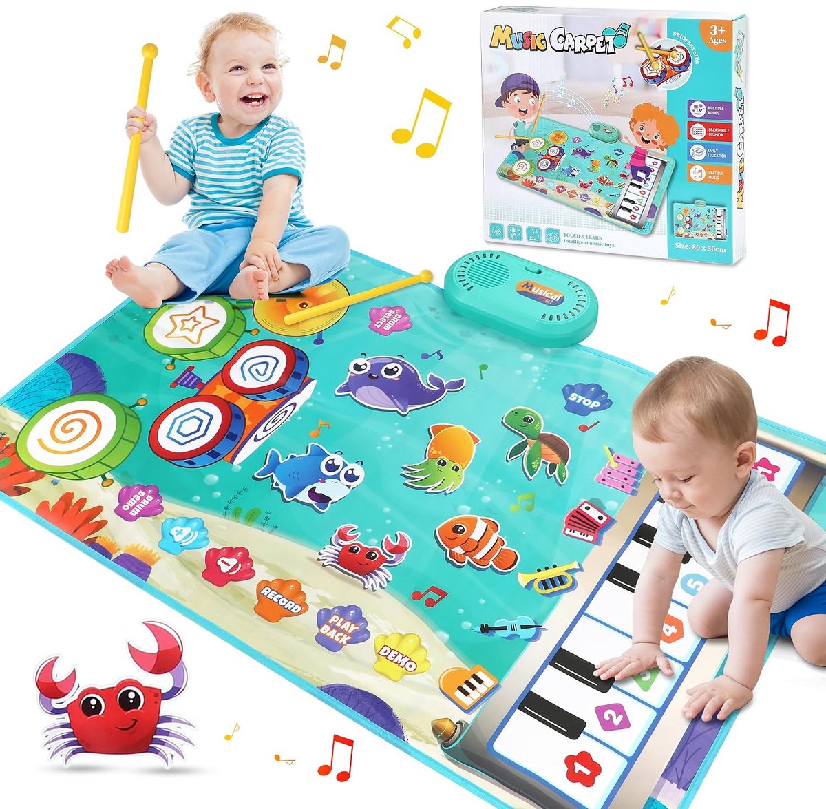 VONKELIOS®3 in 1 Muziekmat - Kinderspeelgoed 3 4 5 Jaar - Dansmat - Pianomat - Speelkleedje met zeedierenmotief - Pianoklavier & Drumset met 2 Drumstokken - Cadeau Vroeg Educatief Muzikaal Leerspeelgoed - meisjes en jongens - Babyspeelgoed