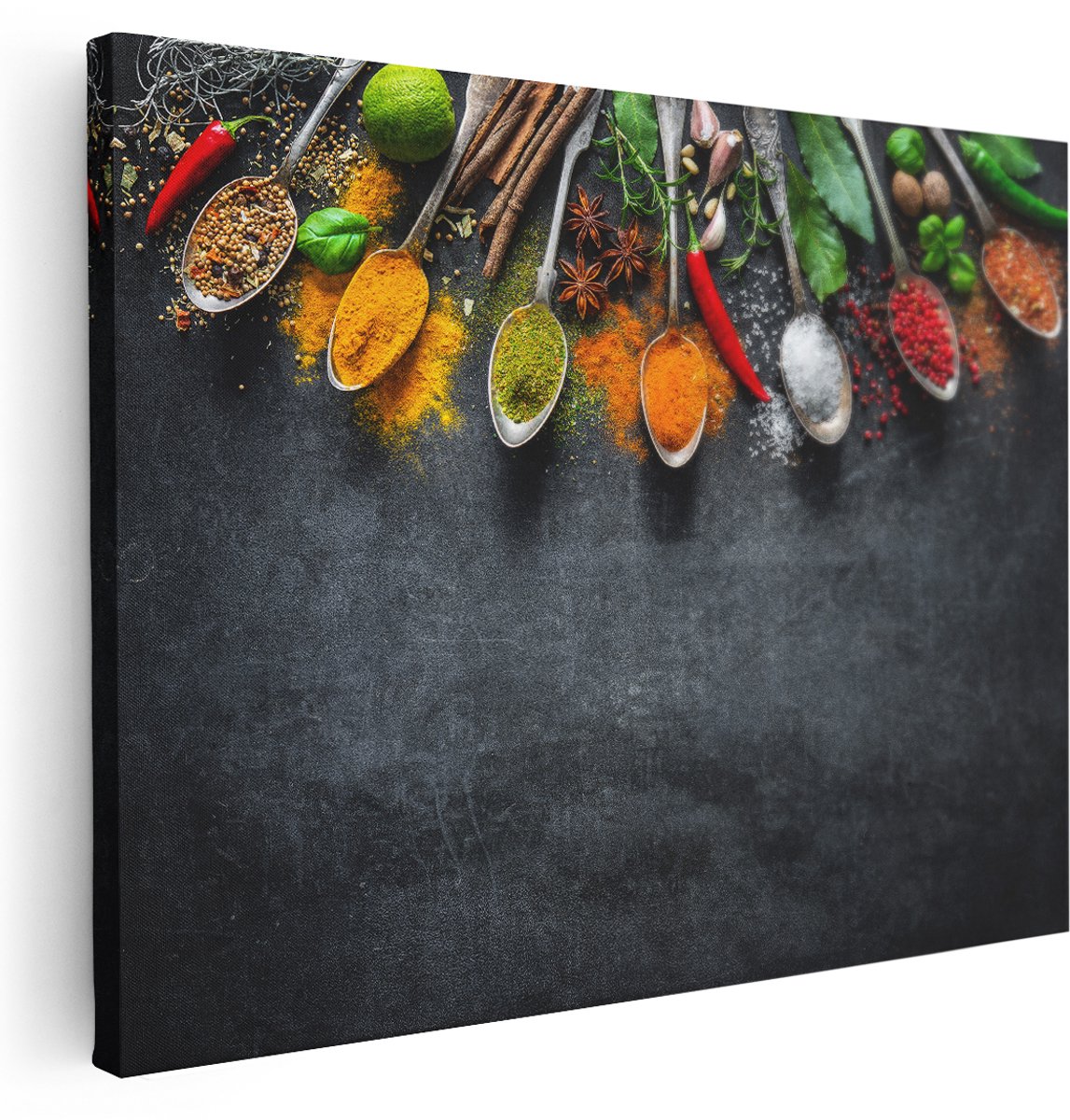 Artaza Canvas Schilderij Kruiden En Specerijen Op Een Zwarte Plaat - 160x120 cm - Groot - Wanddecoratie Woonkamer - Schilderijen - Muurdecoratie
