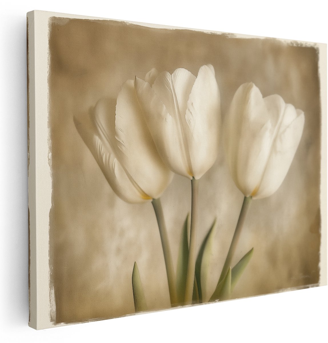 Artaza Canvas Schilderij Drie Witte Tulpen op een Beige Achtergrond - Bloemen - 160x120 cm - Groot - Wanddecoratie Woonkamer - Schilderijen - Muurdecoratie