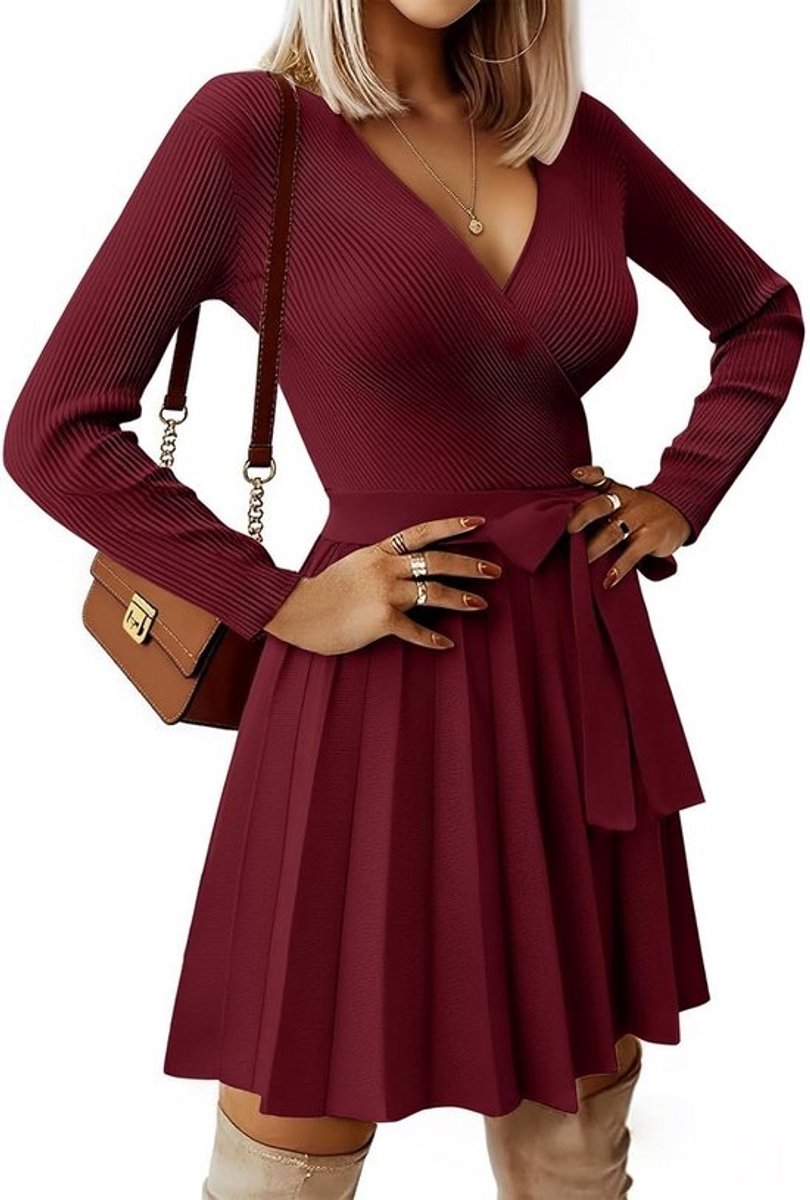 Elegante Trui-Jurk Dames met V-Hals en Lange Mouwen - A-Lijn Gebreid voor Herfst en Winter