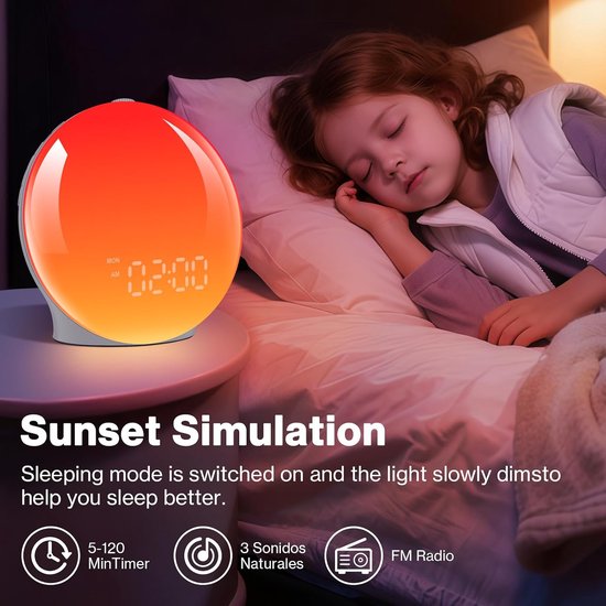 Daglichtwekker - Wekker met licht - Rustig wakker worden - Zonsopgang simulatie - 7 natuurlijke tonen - Wit — afbeelding 5