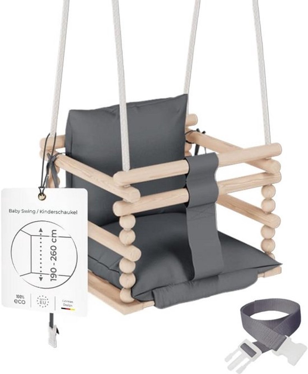 3 in 1 Baby Schommel met Veiligheidsgordel - Verstelbare Hoogte 190-260cm - Houten Schommel voor Binnen en Buiten