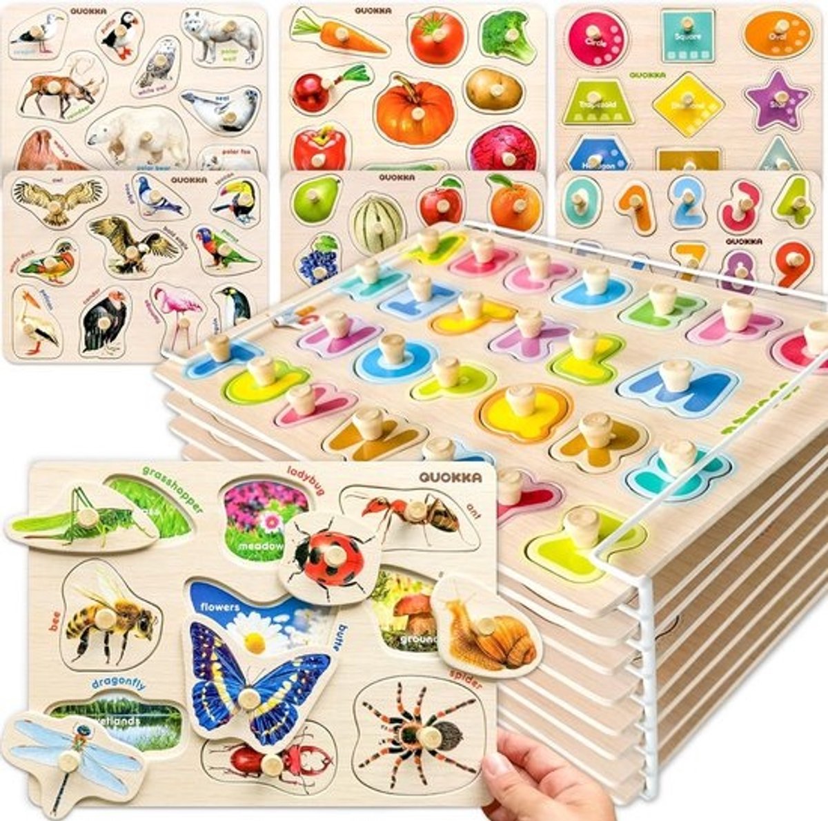 QUOKKA Houten Puzzel Voor Kinderen Van 1-2 Jaar – 8 Set Speelgoedpuzzels Voor Kinderen Van 2-3 Jaar – Realistische ABC Leerspellen Voor Kinderen – Cadeau Voor Babymeisjes En Jongens