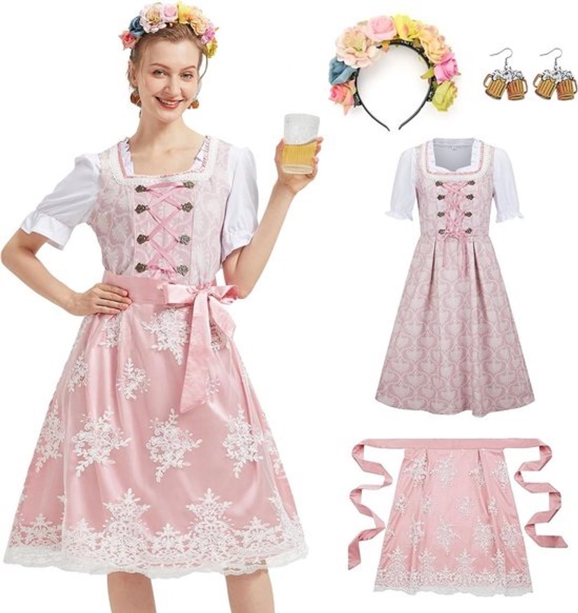 5-delige Dirndl Jurk Roze voor Dames - Oktoberfest Outfit met Blouse en Schort