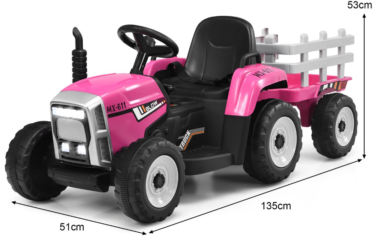 SureDeal® - Speelgoedauto' - Kinderen Rijden Trekker - Aanhangwagen - Afstandsbediening - LED Verlichting Muziek - 135x51x53 cm - Roze