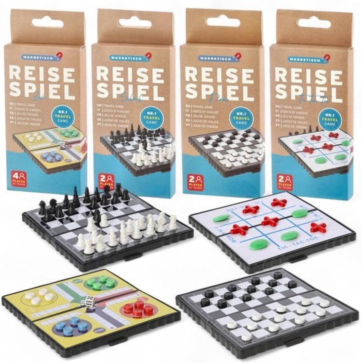 4-in-1 Magnetische Reisspel Set: Schaken, Dammen, Ludo en Tic-Tac-Toe
