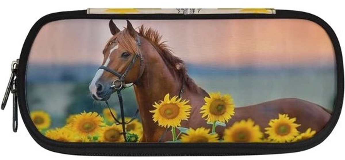 Zonnebloem Paarden Print Etui Kinderen en Studenten - Ruime Pen en Marker Pouch - Multifunctionele Make-up Tas - Grote Opbergdoos voor School en Kantoor