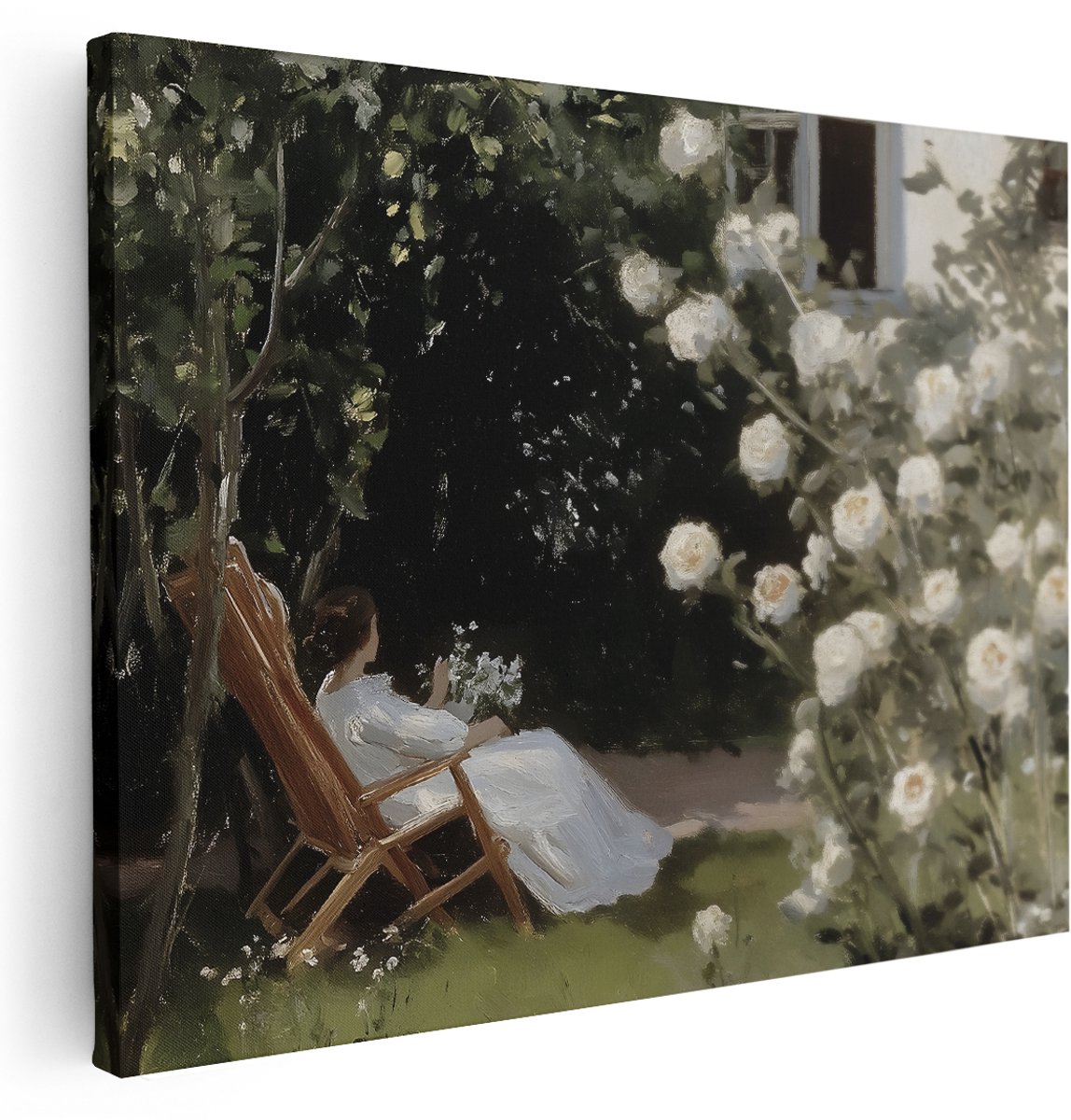 Artaza Canvas Schilderij Vrouw In Witte Jurk - 160x120 cm - Groot - Wanddecoratie Bloemen - Muurdecoratie Romantische Tuin - Schilderijen Op Canvas